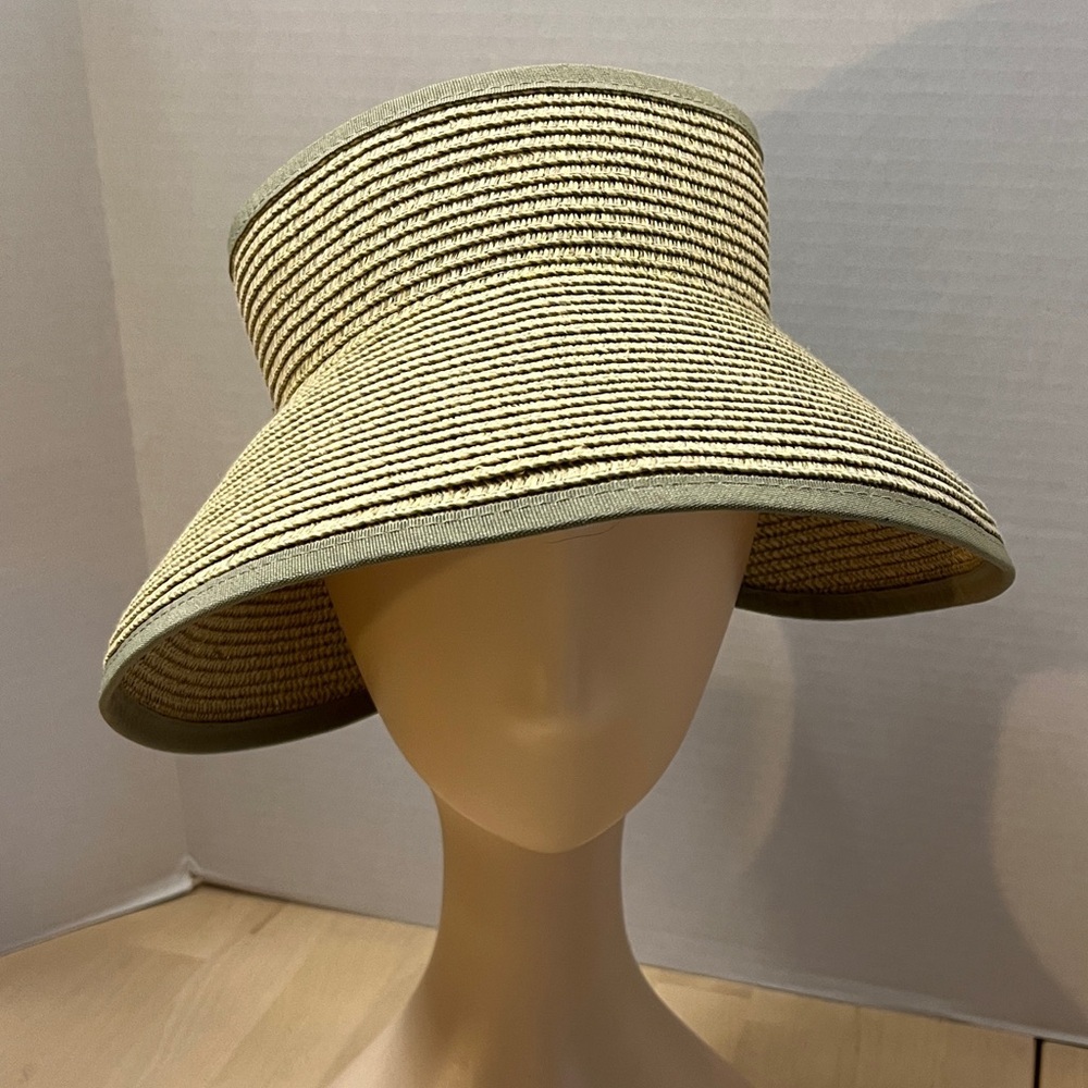 Sun-n-Sand Beige & Sage Green Woven Adjustable Wide Brim Straw Sun Visor Hat